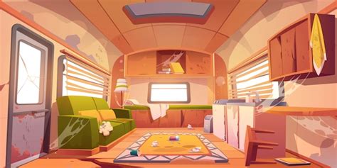 Old dirty interior of camper with broken furniture | Free Vector