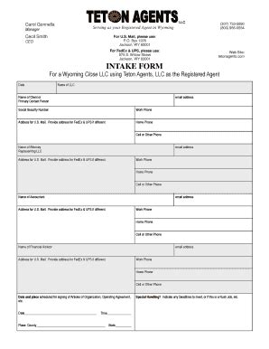 Fillable Online LLC Intake Form for Teton Agents Fax Email Print ...