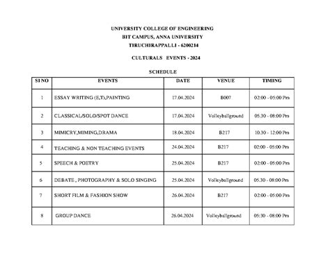 Cultural Events Schedule 2024 - UNIVERSITY COLLEGE OF ENGINEERING BIT ...
