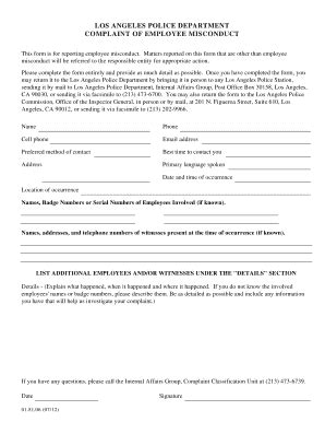Los Angeles Police Department Employee Misconduct Complaint Form ...