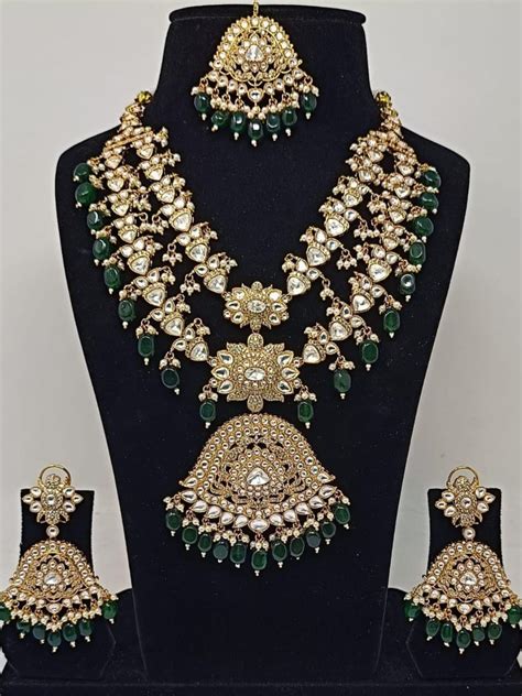 Buy Polki Long Rani Haar With Green Beads Online - Ishhaara