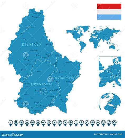 Luxembourg - Detailed Blue Country Map with Cities, Regions, Location on World Map and Globe ...