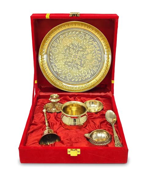 BENGALEN Brass Pooja Thali Set with Red Gift Box Very Small 6 Inch ...