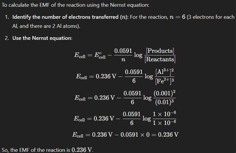 Calculate the emf of the following reaction:2Al (s) + 3Fe²+ (0.01M ...