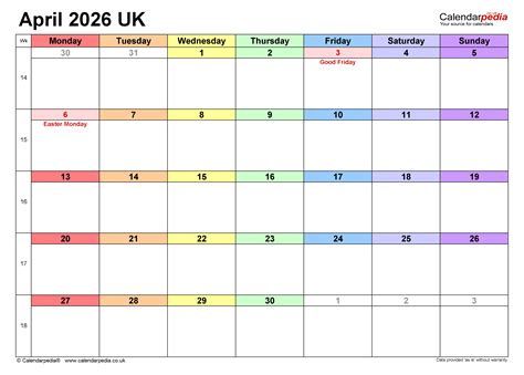 Calendar April 2026 UK with PDF, Excel and Word templates