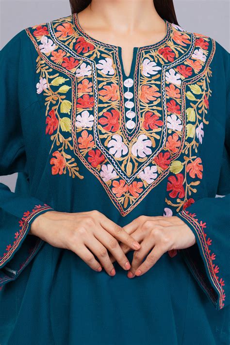 Buy Teal Blue Cashmilon Pheran with Aari Embroidery | Elegant Kashmiri ...