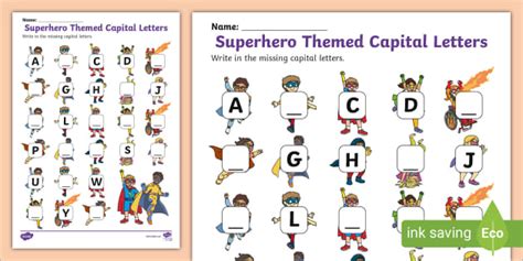 Superhero Themed Missing Capital Letters Activity Sheets