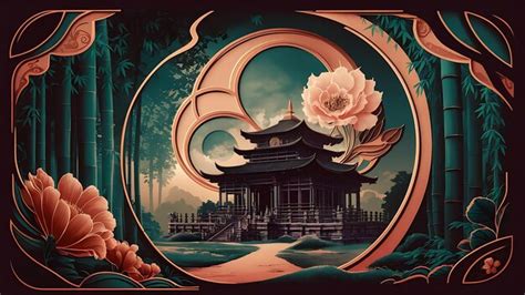 A painting of a pagoda with a pink flower on it | Premium AI-generated ...
