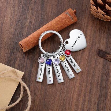 Personalized Heart Keychain with Birthstones Engraved 4 Names Family Keychain