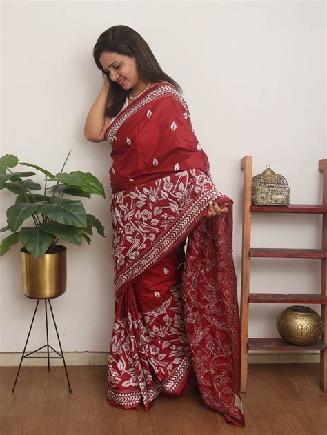Stunning Maroon Hand Embroidered Kantha Silk Saree
