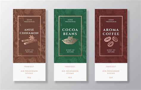 Home fragrance vector label templates set. hand drawn sketch cinnamon ...