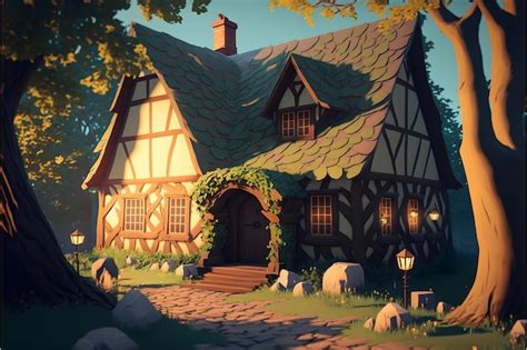 A house with a green roof and a stone path leading to it | Premium AI ...
