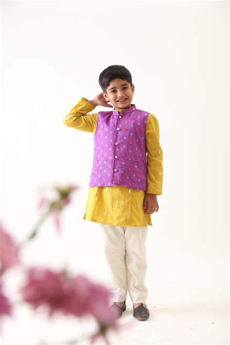 Boys Cotton Lurex Purple Bead Work Jacket With Yellow Kurta And Silver ...
