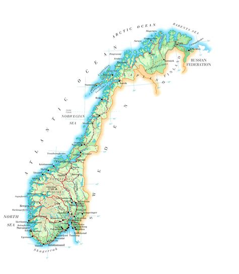 Large detailed physical map of Norway with roads, cities and airports | Vidiani.com | Maps of ...