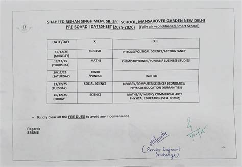Datesheet 2025-2026 | Shaheed Bishan Singh Memorial Sr. Sec School