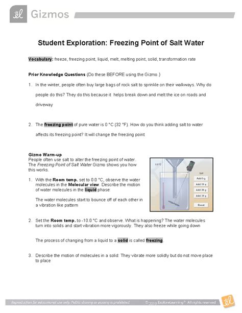 Freezing Point of Salt Water Gizmo Exploration - Science Study Guide ...