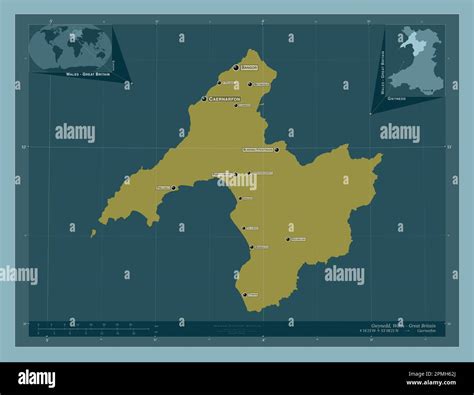 Gwynedd, region of Wales - Great Britain. Solid color shape. Locations and names of major cities ...