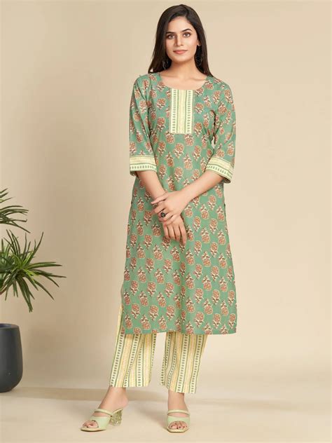 Green Floral Block Printed Pure Cotton Kurta Set – GulaboSitabo