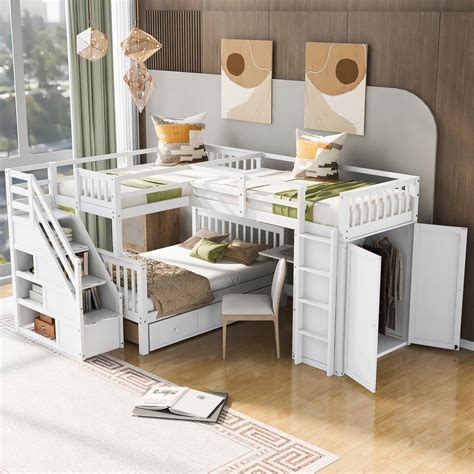 Amazon.com: Harper & Bright Designs L-Shape Triple Bunk Beds with Stairs, Desk,Wardrobe, Wood ...