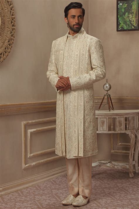 Cream Sherwani Set With Aari Hand Embroidery