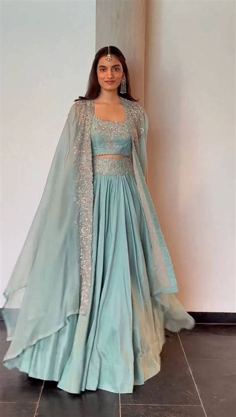 Sky Blue Designer Chinon Semi-Stitched Lehenga Set with Eleg