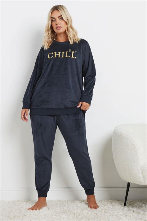 YOURS Plus Size Navy Blue 'Time To Chill' Soft Fleece Loungewear Set ...