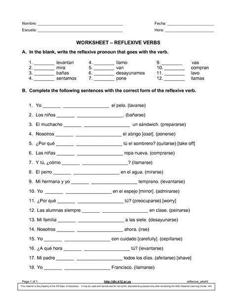 Reflexive Verbs Spanish Worksheet - Admuscente