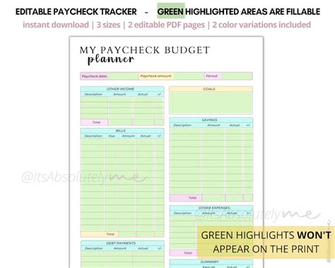 Buy Editable Paycheck Budget Planner Printable PDF | Budget Tracker ...
