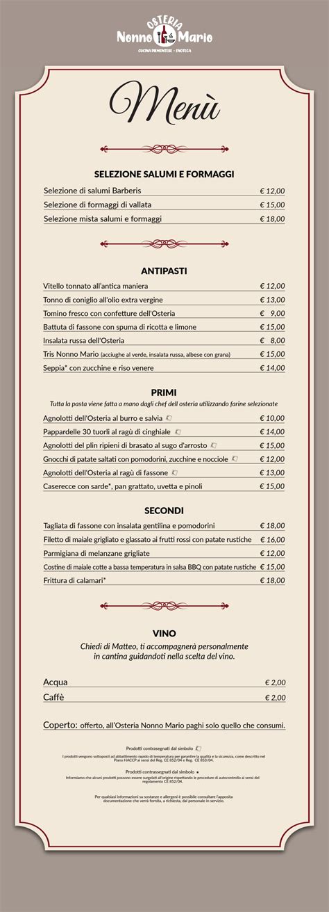 Carte et Menus 2023 - Osteria Nonno Mario à Osasco | TheFork