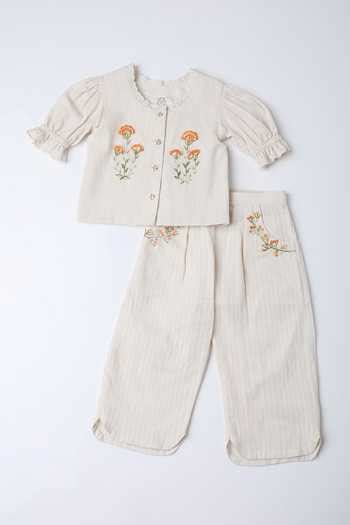 Buy Ivory Handloom , Embroidery Floral Top And Pant Set For Girls by ...