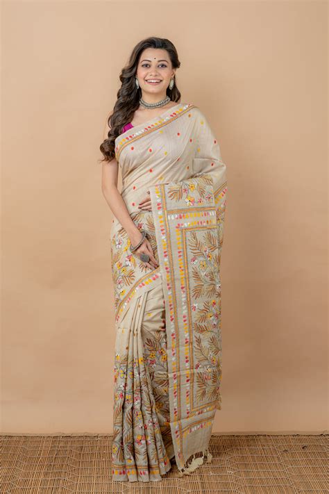 Kantha Work Saree | Handwoven Kantha Stitch Sarees — Aankona