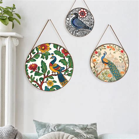 Peacock Design Round Framed Madhubani Art Canvas Wall Paintings - Set ...