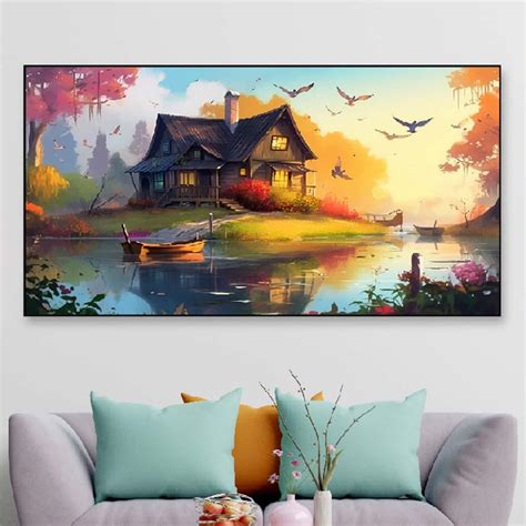 Beautiful House On The Lake Floating Frame Canvas Wall Painting – Dusaan