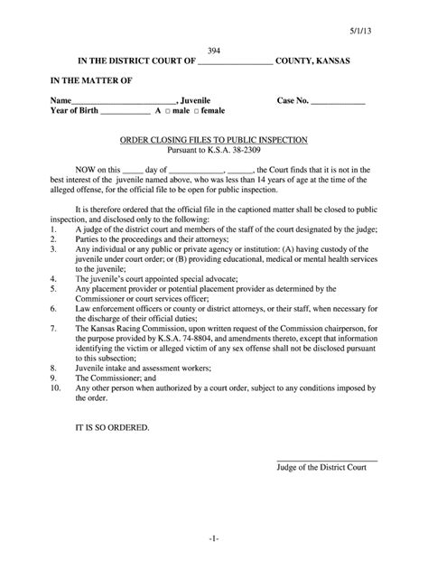 KS Order Closing Files to Public Inspection Form - Fill Online ...