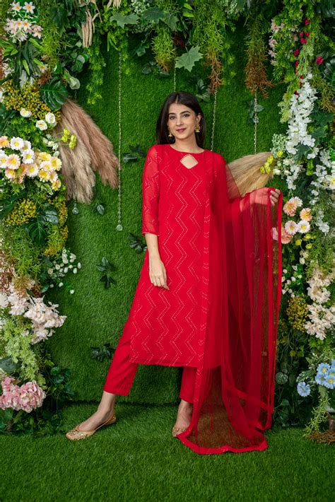 Red Thread Work Kurta Set