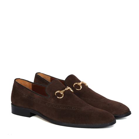 Brogue Detailing Men's Loafers in dark Brown Suede Leather with Golden