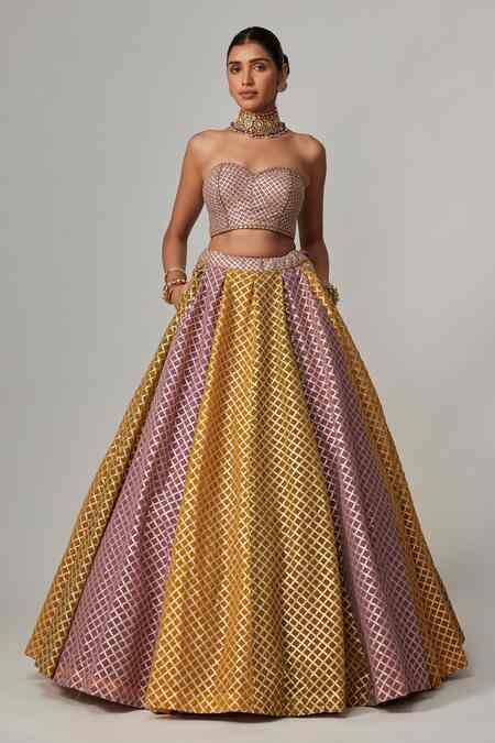 Buy Mauve Georgette Gota Patti Sweetheart Neck Mustard Corset Lehenga ...