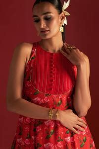 Buy Red Raw Silk Digital Printed Rain Lily High Round Kurta Dress For ...
