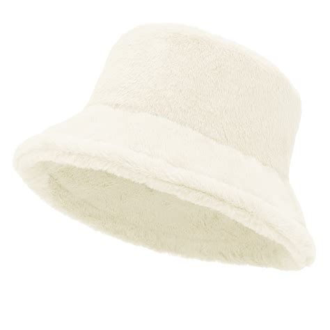 Women's Plush Fluffy Bucket Hat with Warm Lining, Faux Fur, Wide Brim ...