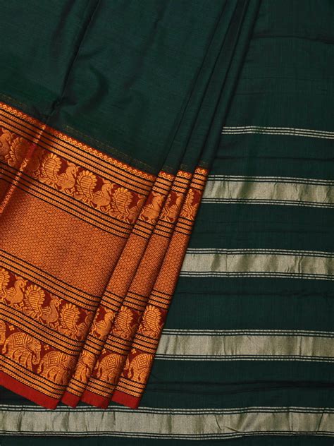 Dark Green Narayanpet Cotton Handloom Saree with Big Zari Border Desig ...