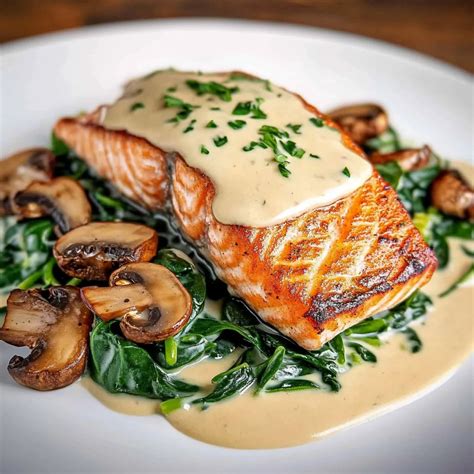 Garlic Butter Salmon with Spinach & Mushrooms in Creamy Sauce