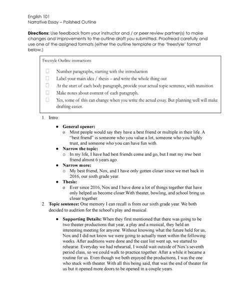 Rose Eden - 20259 - Narrative Outline - English 101 Narrative Essay ...
