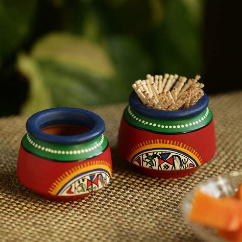 ExclusiveLane Handpainted Terracotta Toothpick Holder Set (5.99 cm x 5. ...