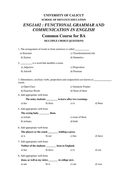 Functional Grammar AND Communication IN English - UNIVERSITY OF CALICUT ...