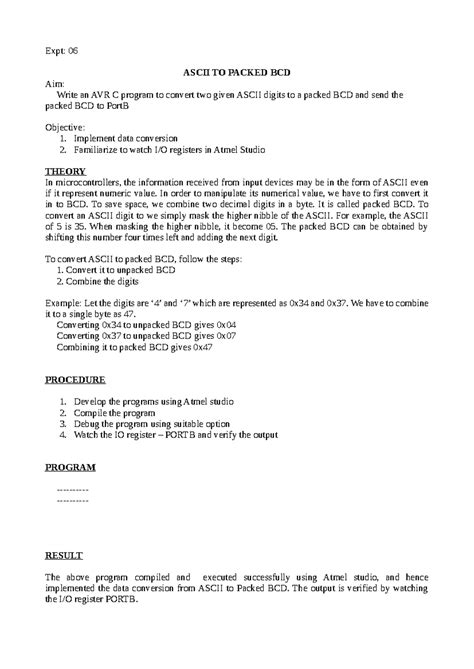 ES Lab expt-6 - ES Lab expt-6 - Expt: 06 ASCII TO PACKED BCD Aim: Write ...