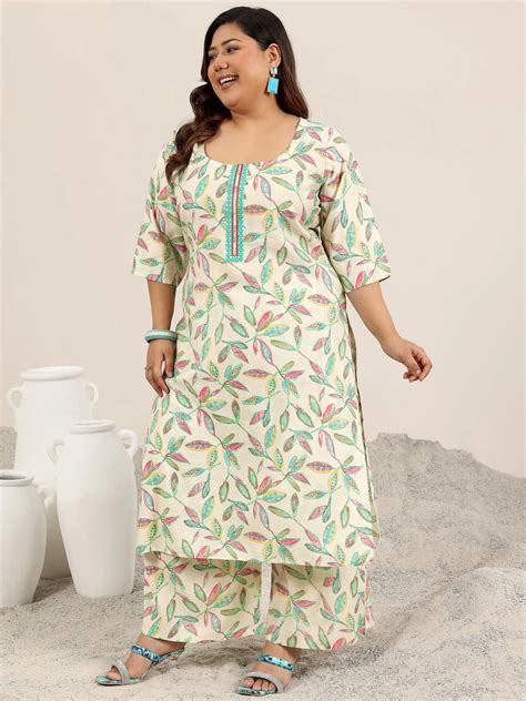 Buy Plus Size Off White Printed Silk Blend Straight Suit Set With ...