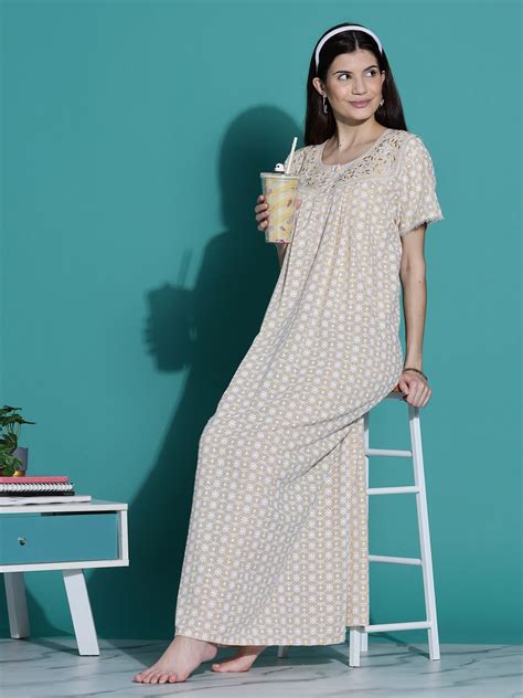 Shop Beige Chikankari Pure Cotton Nighty for Women Online – 9shines label
