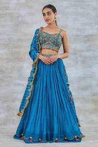 Buy Blue Chanderi Silk Embroidery, Tassels, Crystals Sweetheart Neck ...