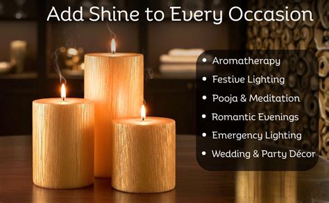 Floryn Decor Set of 3 Metallic Pillar Candles Decoration Dinner Wedding ...