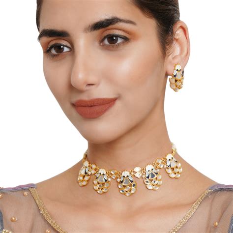 Festive Hues Mirror Work Enamelled Brass Gold Plated Choker Jewellery ...